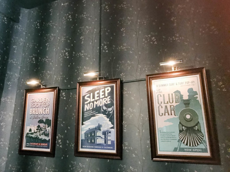 theatre posters for Sleep No More, advertising the show, Garden Rooftop Brunch, and the Club Car