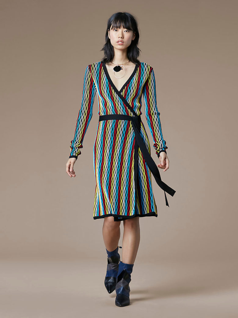 red, blue, yellow, white Long Sleeve Knit Wrap Dress 
