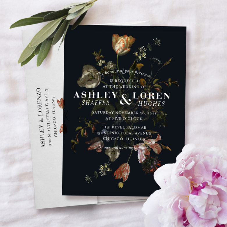 Moody and romantic floral wedding invitation with black background