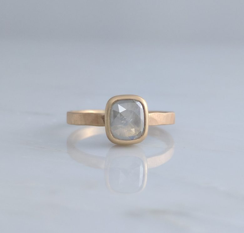 Grey Cushion Rose Cut Ring with Hammered Band in 14K Yellow Gold