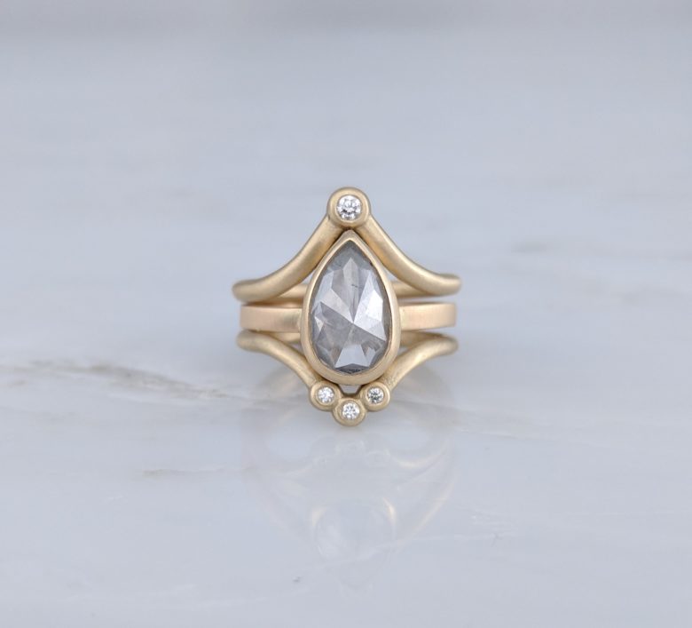 Pear Cut Grey Diamond Ring in 14K Yellow Gold
