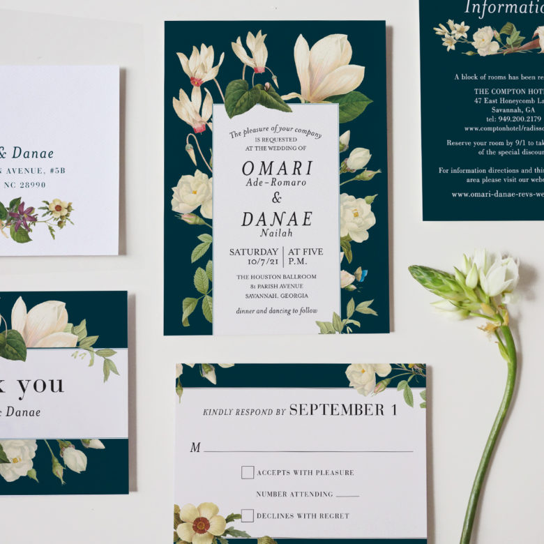 Dark teal and white floral botanical stationery suite