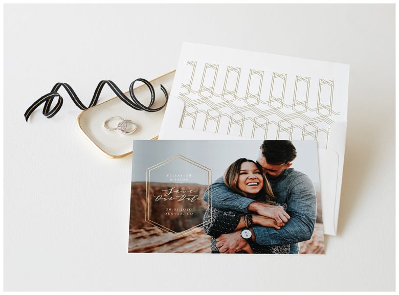 minted save the date design card with ribbon in photo