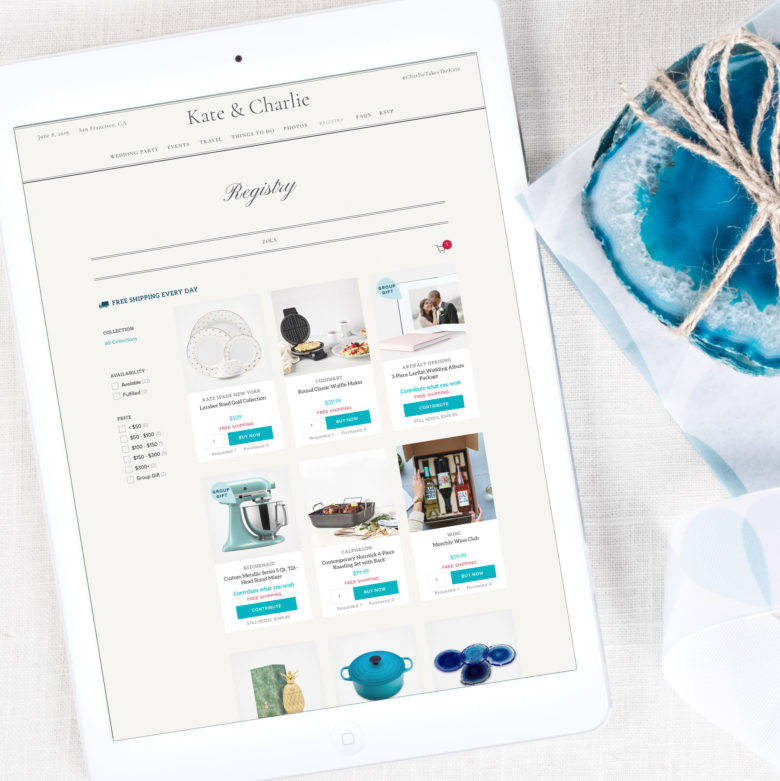Zola registry page on a white tablet sitting next to blue agate coasters