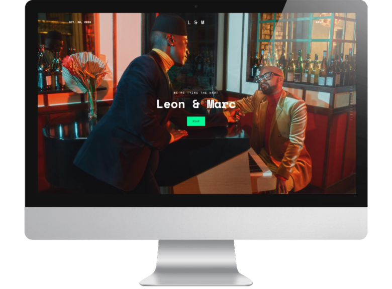 screenshot of new squarespace wedding website template Vow featuring same sex black couple named Leon and Marc