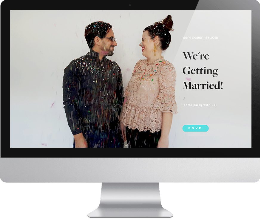 Image of Meg and David covered in falling confetti, looking at each other, smiling as background image on monitor with text that reads 