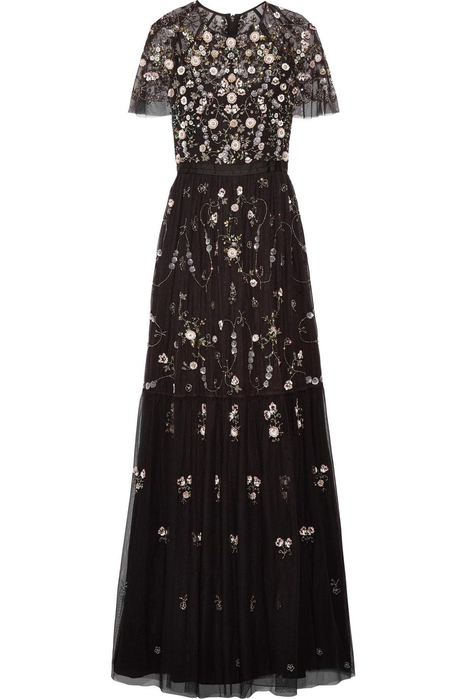 Black embellished floral Needle and Thread gown flat lay