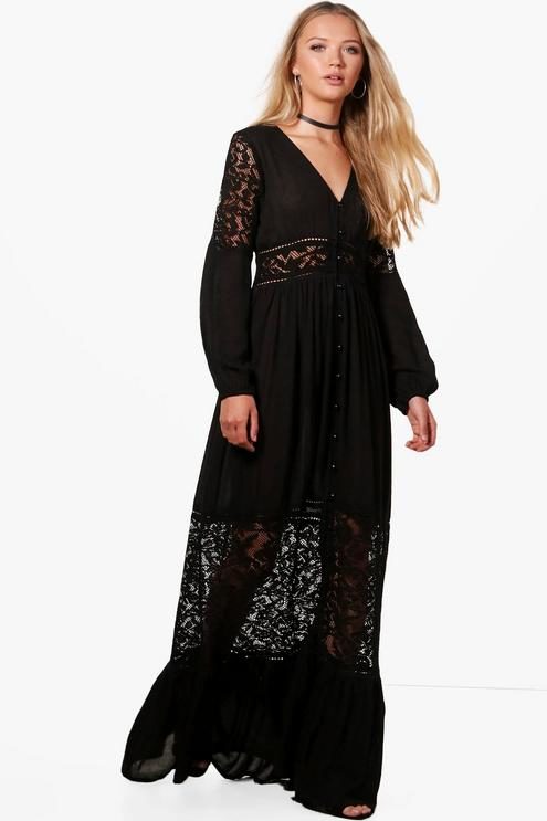 Blonde model in boho peasant rock and roll lace black maxi dress