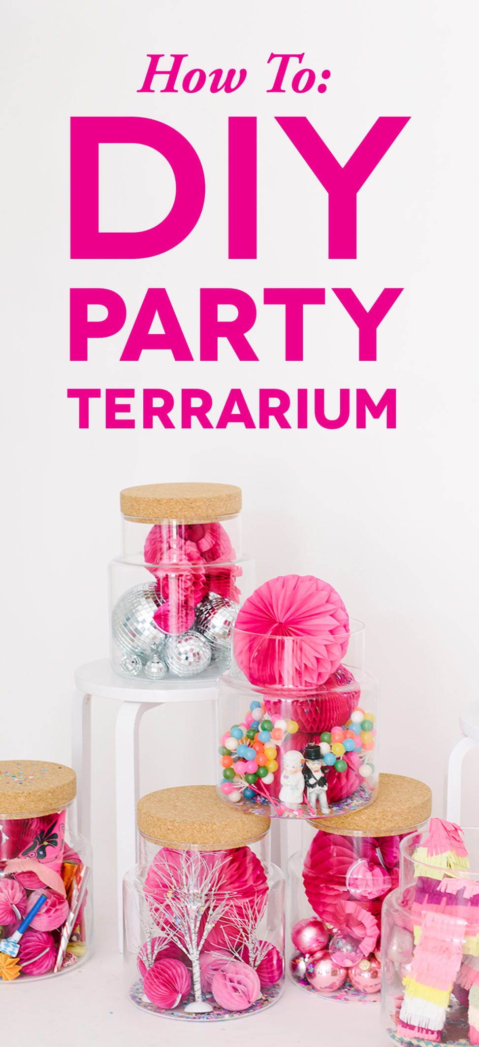 wedding party terrarium with pink and yellow mini pinatas