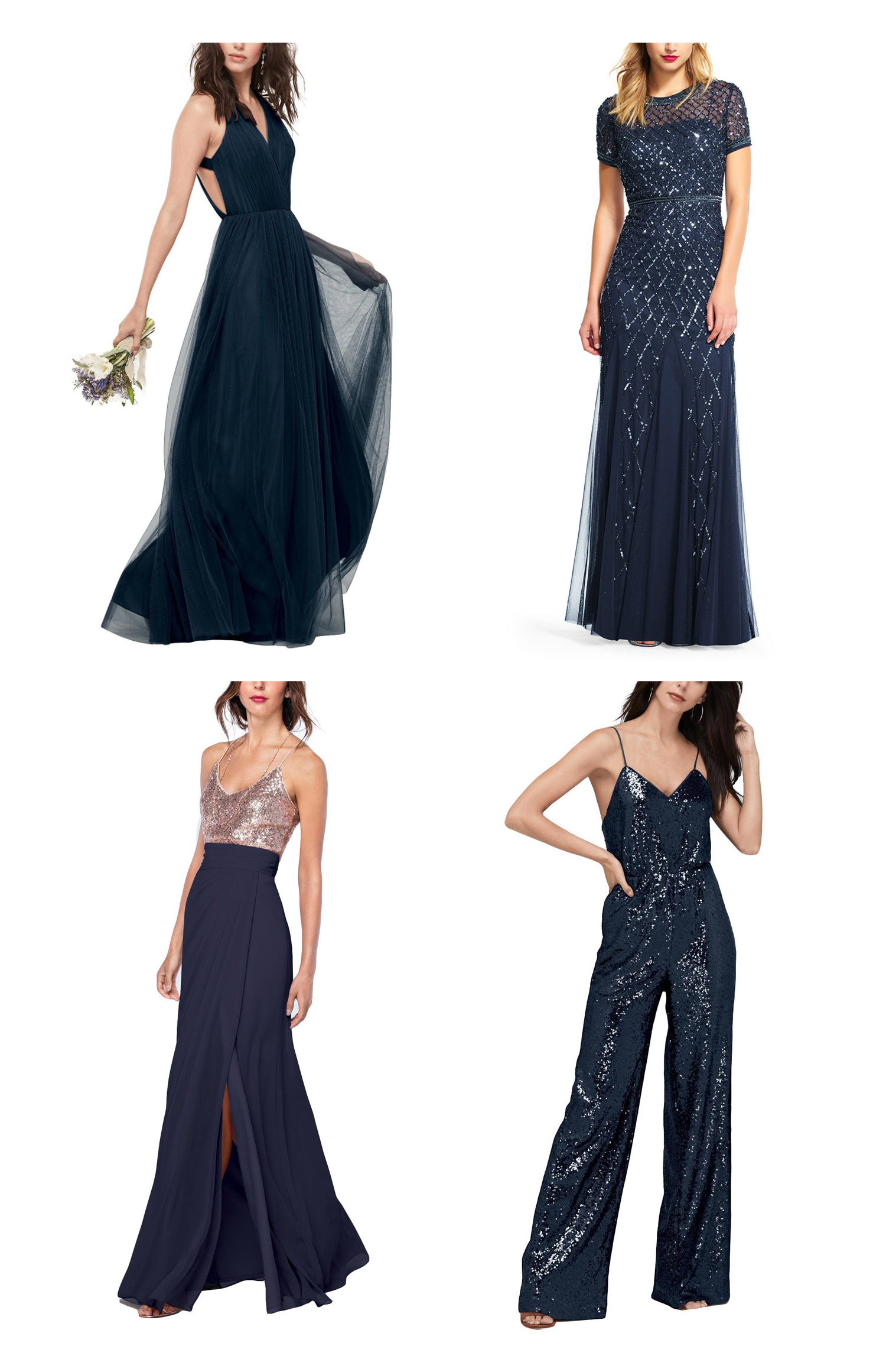 graphic featuring mismatched bridesmaid dresses in shades of navy and sequins