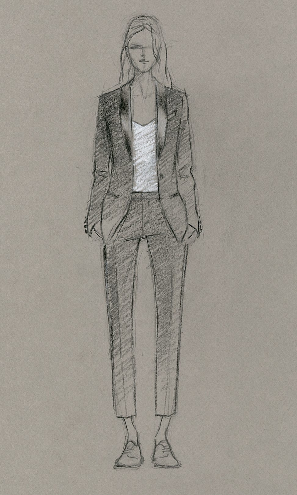 A dark pencil drawing of a woman in a black tuxedo suit