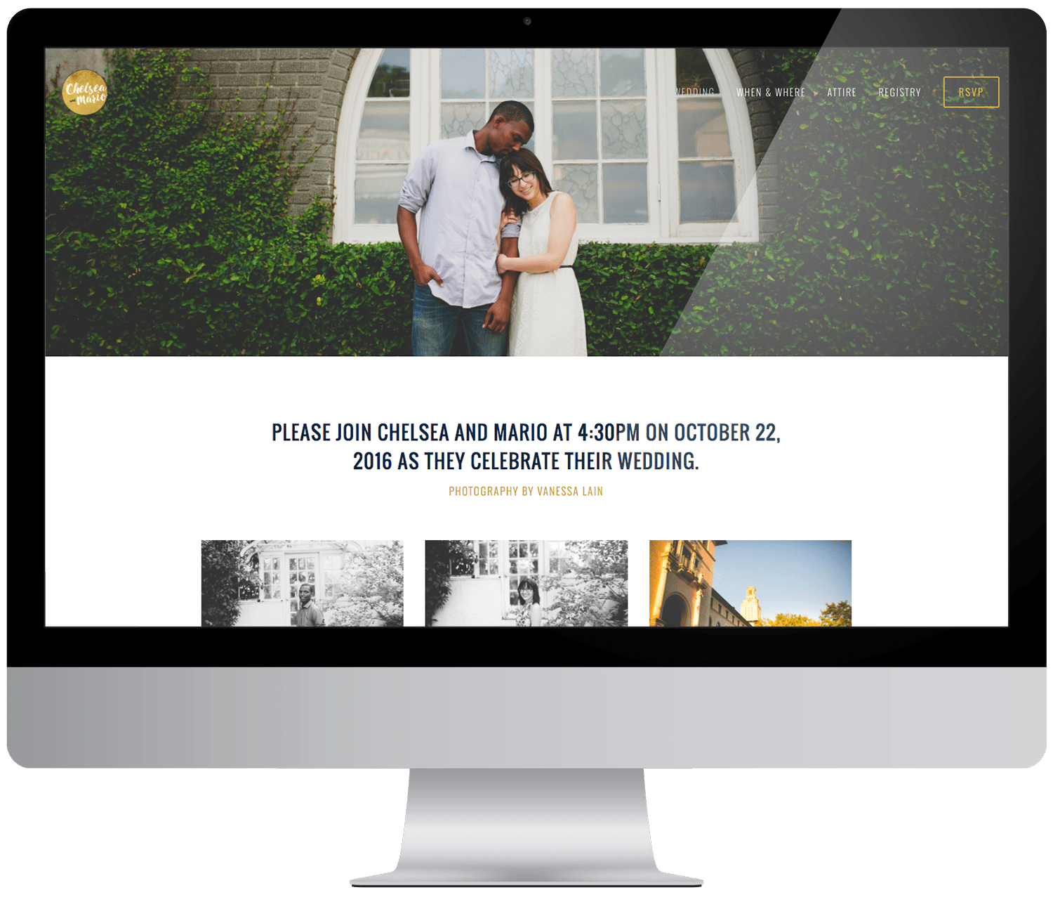 a Squarespace wedding website example with a large top photo and three smaller photos shown on a computer monitor