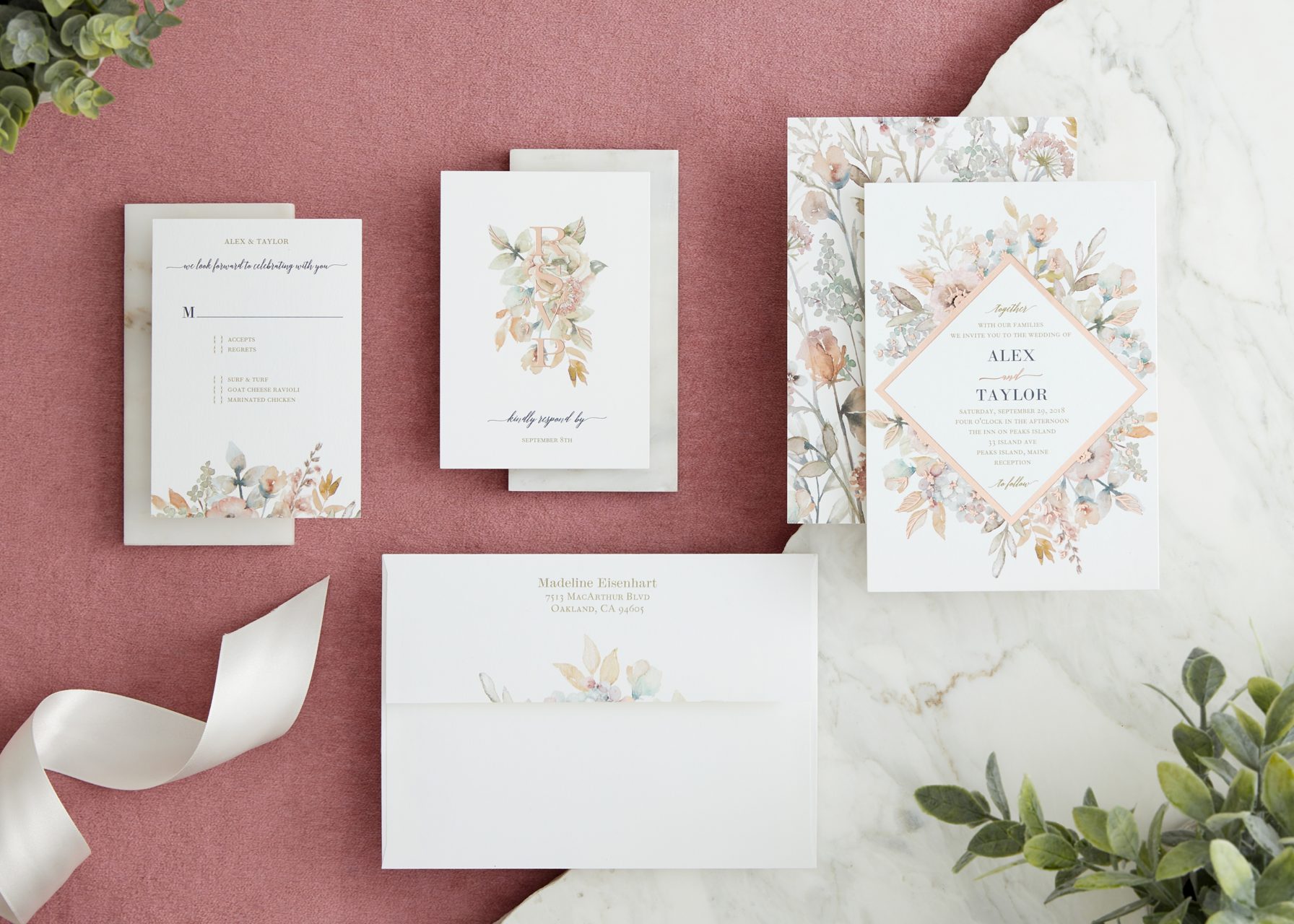 romantic pink floral save the date and invitation suite