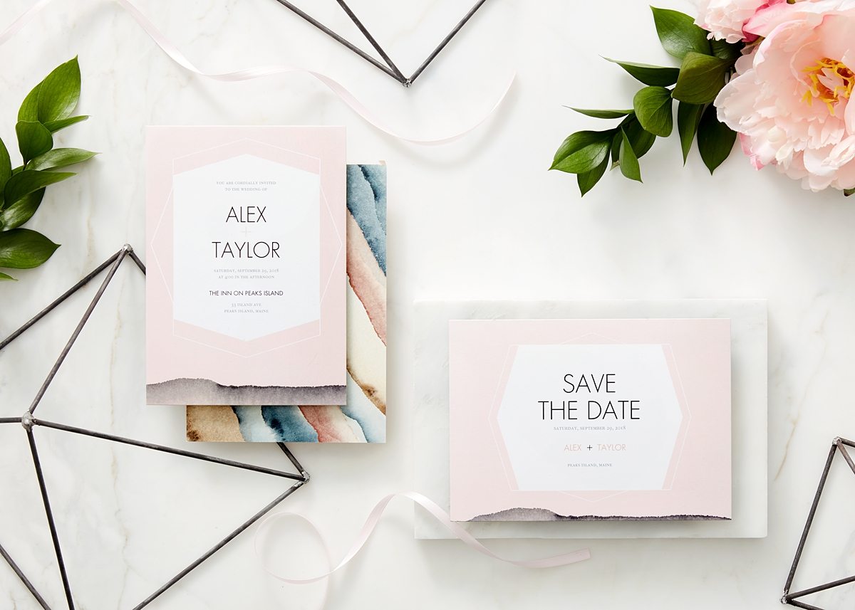 minimal pink invitation suite with modern typography and colorful watercolor-style backs