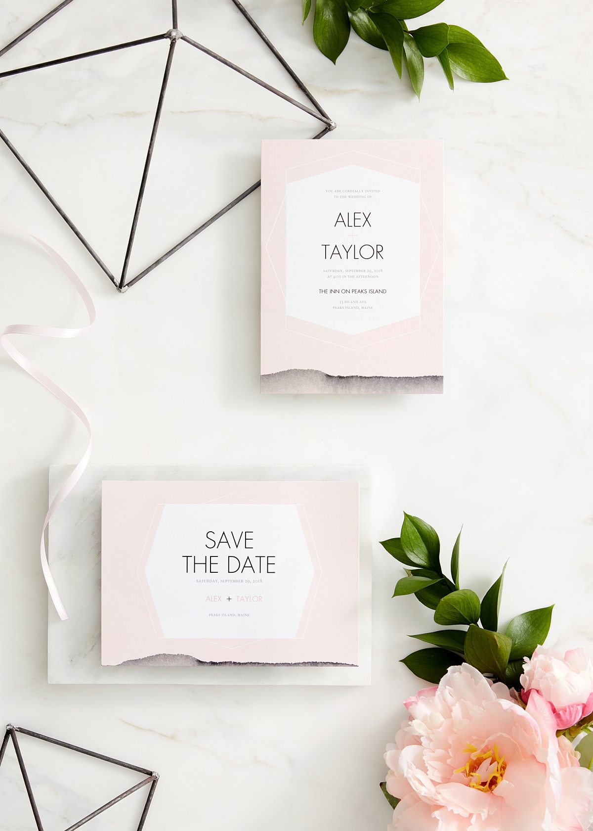Pink save the date and invite with modern typography