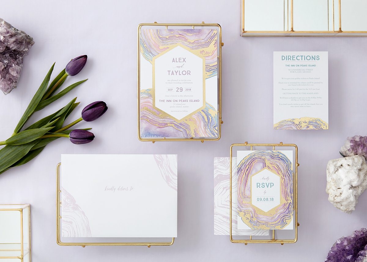gilded agate with purples, blues and pinks invitation suite