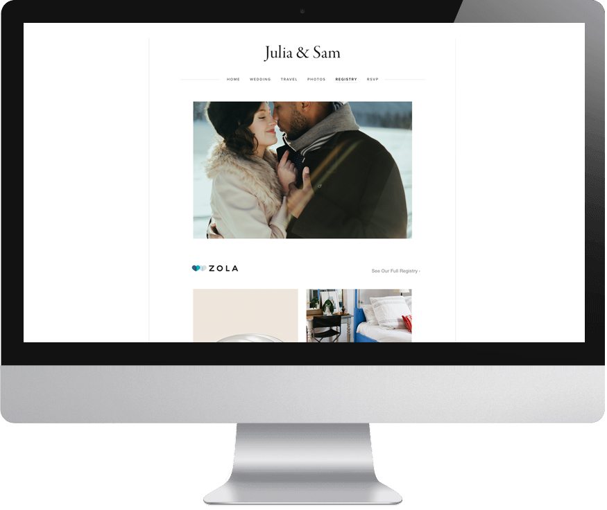 A clean design Squarespace wedding website registry page with Zola integration as shown on a computer monitor