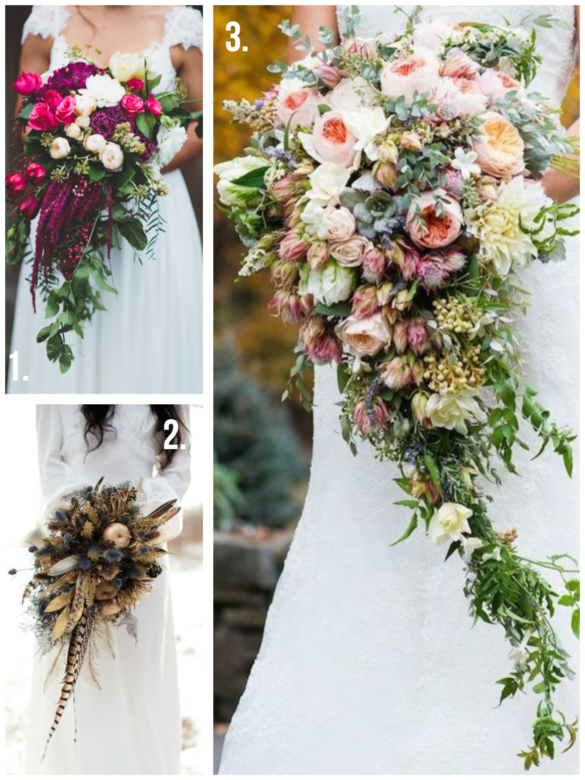 Wedding bouquets - three panel image of three different kinds of cascade bouquets